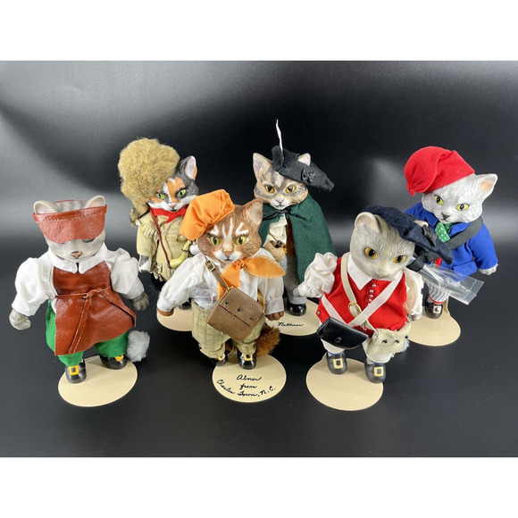 SET OF 6 FRANKLIN MINT RETIRED COLONY CAT FIGURES ALL DIFFERENT WITH BUSHY TAILS
